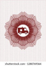 Red abstract linear rosette with ambulance icon inside
