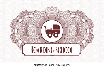 Red abstract linear rosette with baby cart icon and Boarding-school text inside