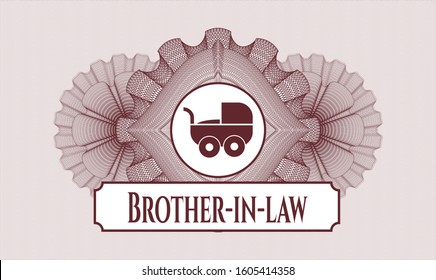 Red abstract linear rosette with baby cart icon and Brother-in-law text inside