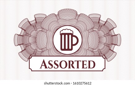 Red abstract linear rosette with beer jar icon and Assorted text inside