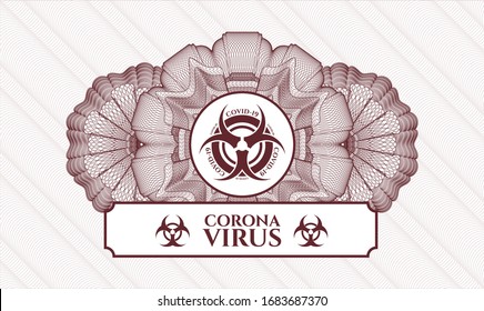 Red abstract linear rosette with biohazard covid-19 icon and Coronavirus text inside