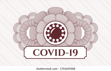 Red abstract linear rosette with coronavirus icon and COVID-19 text inside