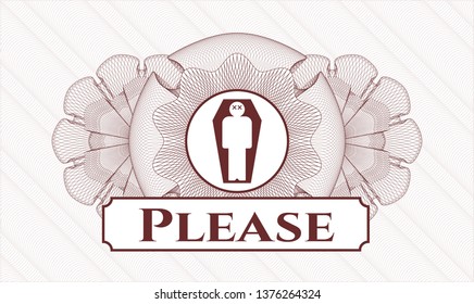 Red abstract linear rosette with dead man in his coffin icon and Please text inside