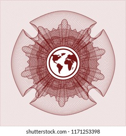 Red abstract linear rosette with earth icon inside