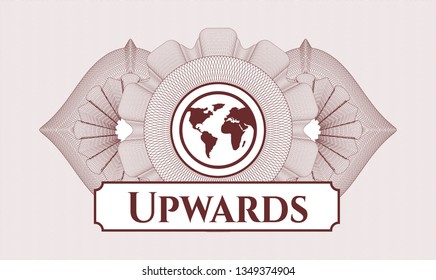 Red abstract linear rosette with earth icon and Upwards text inside