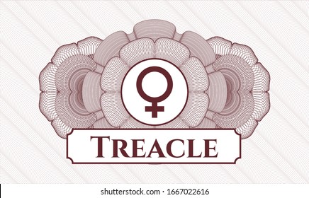 Red abstract linear rosette with female icon and Treacle text inside