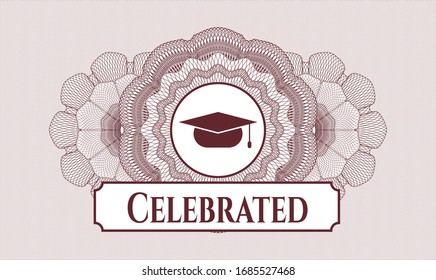 Red abstract linear rosette with graduation cap icon and Celebrated text inside