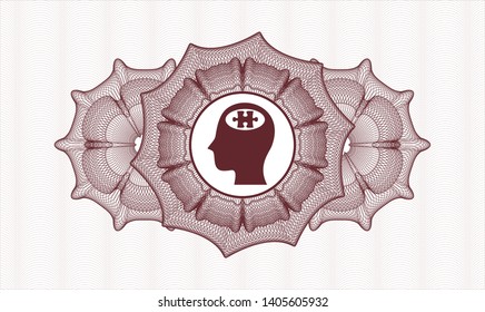 Red abstract linear rosette with head with jigsaw puzzle piece icon inside