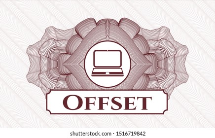 Red abstract linear rosette with laptop icon and Offset text inside