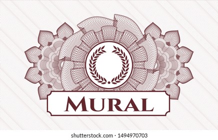 Red abstract linear rosette with laurel wreath icon and Mural text inside