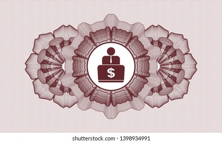 Red abstract linear rosette with man working on computer icon inside