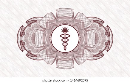 Red abstract linear rosette with medical marijuana icon inside
