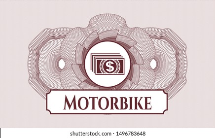 Red abstract linear rosette with money icon and Motorbike text inside