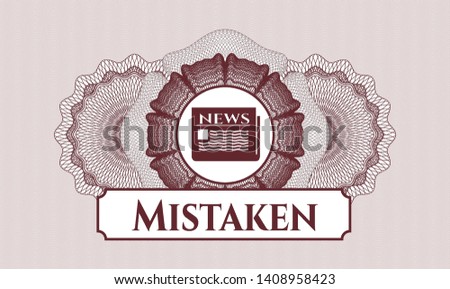 Red abstract linear rosette with newspaper icon and Mistaken text inside