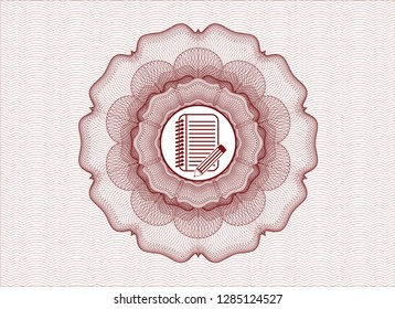 Red abstract linear rosette with notebook with pencil icon inside
