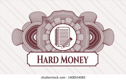 Red abstract linear rosette with notebook with pencil icon and Hard Money text inside