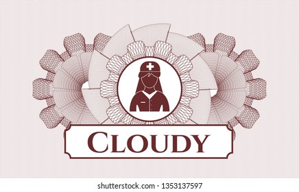 Red abstract linear rosette with nurse icon and Cloudy text inside