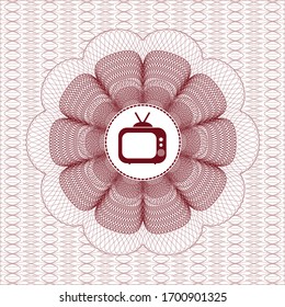Red abstract linear rosette with old tv, television icon inside