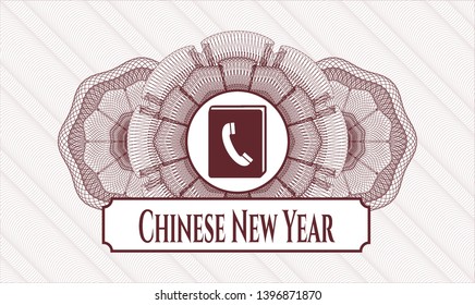 Red abstract linear rosette with phonebook icon and Chinese New Year text inside