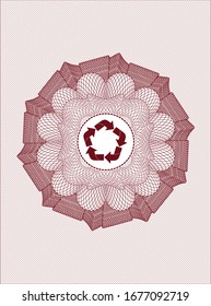 Rote abstrakte lineare Rosette mit einem Recyclingsymbol im Inneren