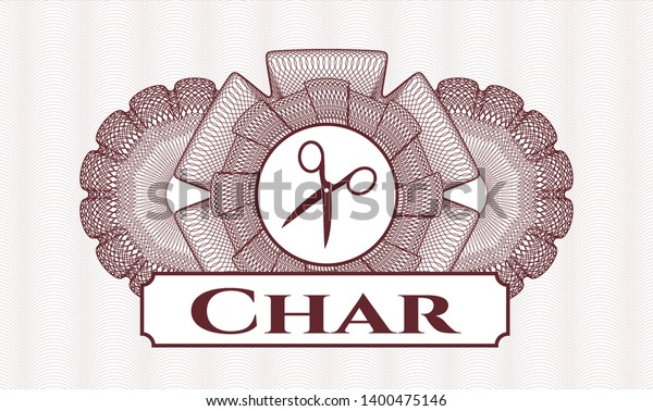 Red abstract linear rosette with scissors icon and\
Char text inside