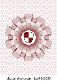 Red abstract linear rosette with shield, safety icon inside
