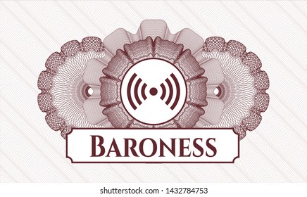 Red abstract linear rosette with signal icon and Baroness text inside