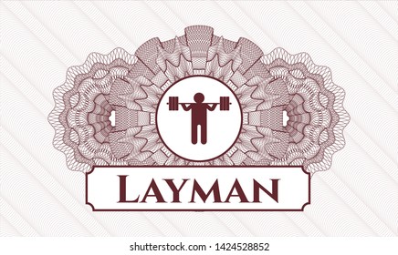 Red abstract linear rosette with squat icon and Layman text inside