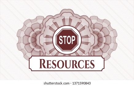Red abstract linear rosette with stop icon and Resources text inside