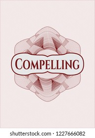 Red abstract linear rosette with text Compelling inside