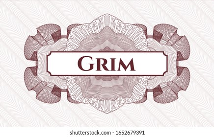 Red abstract linear rosette with text Grim inside
