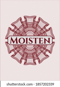 Red abstract linear rosette with text Moisten inside