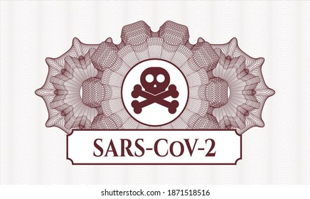 Red abstract linear rosette. Vector Illustration. Detailed with crossbones icon and SARS-CoV-2 text inside