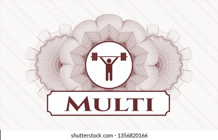 Red abstract linear rosette with weightlifting icon and Multi text inside