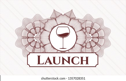 Red abstract linear rosette with wine cup icon and Launch text inside