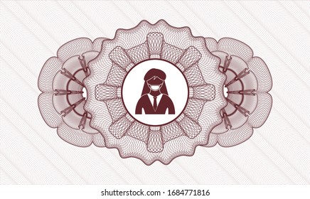 Red abstract linear rosette with woman wearing face mask icon inside