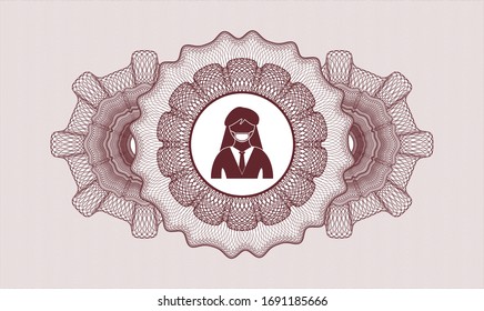 Red abstract linear rosette with woman wearing face mask icon inside