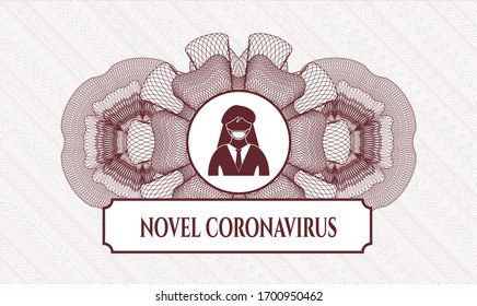 Red abstract linear rosette with woman wearing face mask icon and Novel Coronavirus text inside