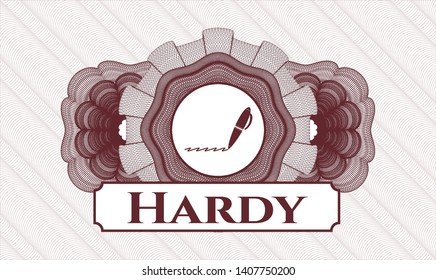 Red abstract linear rosette with writer icon and Hardy text inside