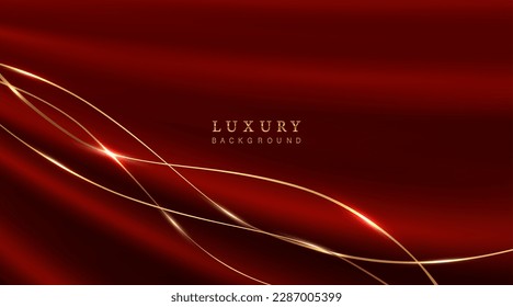 Rojo abstracto de fondo lujoso con tejidos ondulados y líneas doradas brillantes de cinta.