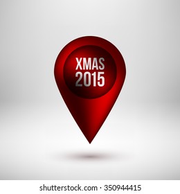 Red abstract map pointer badge, gps button with Merry Christmas, xmas text, realistic shadow and light background for logo, design concepts, banners, applications, apps, prints. Vector illustration.