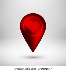 Red abstract map pointer badge, gps button with love,  Valentines heart sign, realistic shadow and light background for logo, design concepts, banners, applications, apps, prints. Vector illustration.