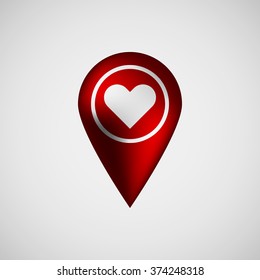 Red abstract map pointer badge, GPS button with love,  Valentines heart sign, realistic shadow and light background for logo, design concepts, banners, applications, apps, prints. Vector illustration.