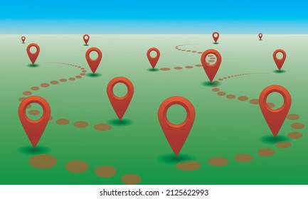 Red abstract map pointer icons, realistic reflex and green background.
