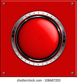 Red abstract metallic background with round glossy banner, vector.