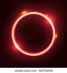 Red abstract neon round shape. Glowing vintage or futuristic frame. Simple electric symbol for advertisement or other design project. Vector illustration.