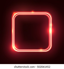 Red abstract neon square shape. Glowing vintage or futuristic frame. Simple electric symbol for advertisement or other design project. Vector illustration.