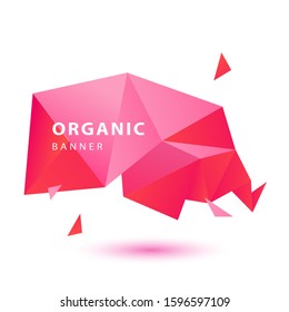 Red abstract origami element. Faceted crystal shape, colorful polygon, text sample. Template for posters, flyers, banners. Vector illustration.