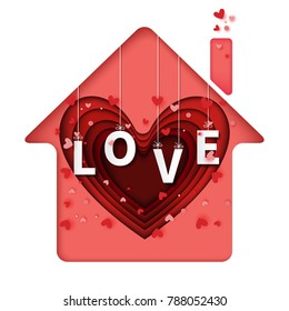 Red abstract paper carving heart and hanging love text in pink house.Paper art style of valentine's day greeting card and love concept.Vector illustration.