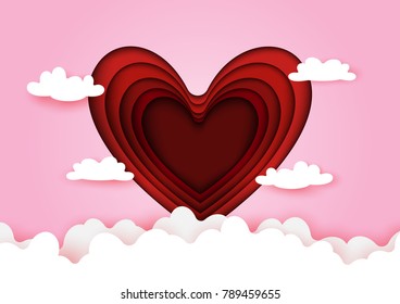 Red abstract paper carving heart with clouds on pink background.Paper art style of valentine's day greeting card and love concept.Vector illustration.